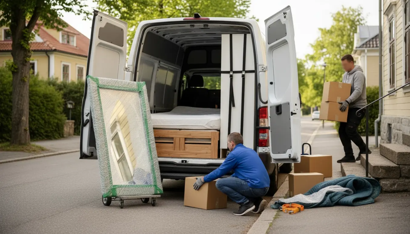 Åben varevogn på en stille gade med indpakkede møbler og to personer, der læsser en seng; ansigter ikke synlige.