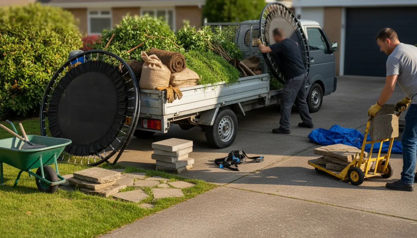 Trailer med haveaffald, en sammenfoldet trampoline og en stak fliser klar til afhentning.