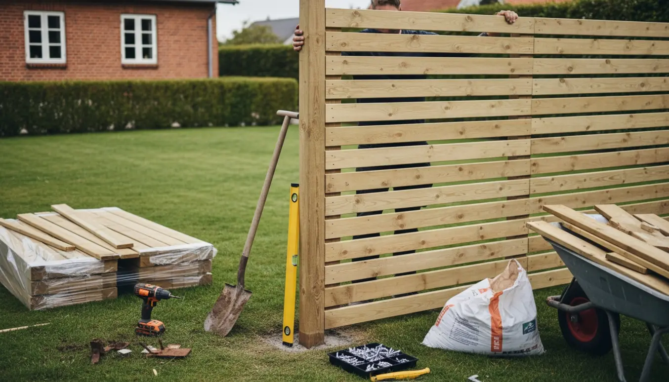 Nye lamelhegnspaneler monteres ved en ny stolpe i en dansk villahave med værktøj og afmonterede planker klar til bortskafning.