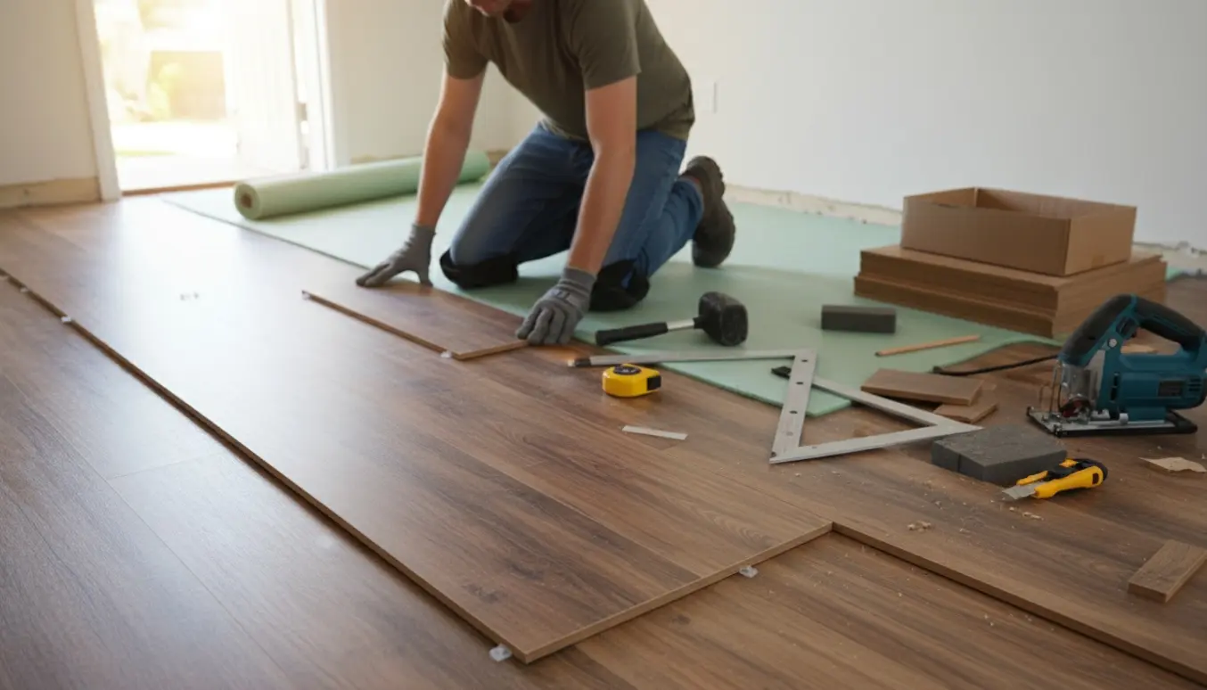 Klikgulv ved installation i et lille rækkehus med værktøj og åbne planker.