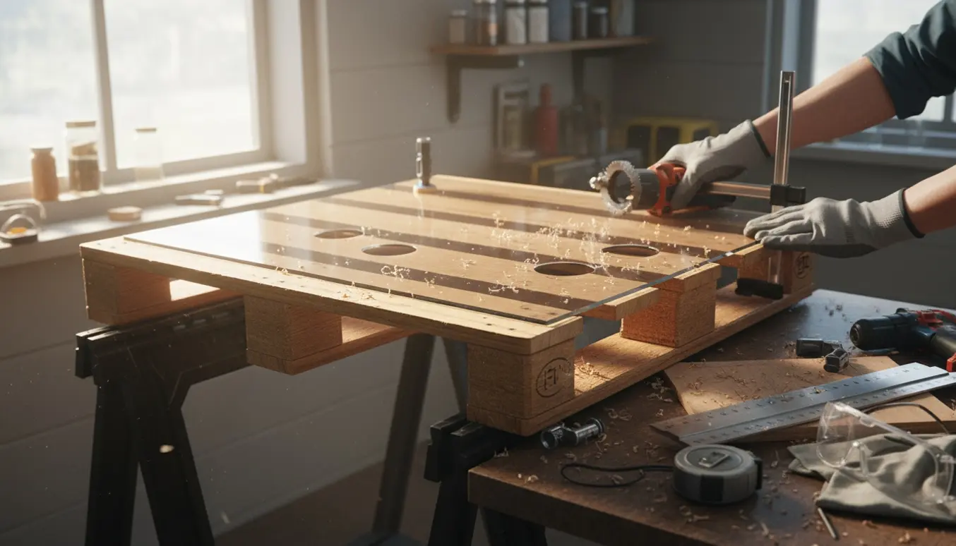 En halvskåret palle og en plexiglasplade med tre borede huller på et arbejdsbord med værktøj.