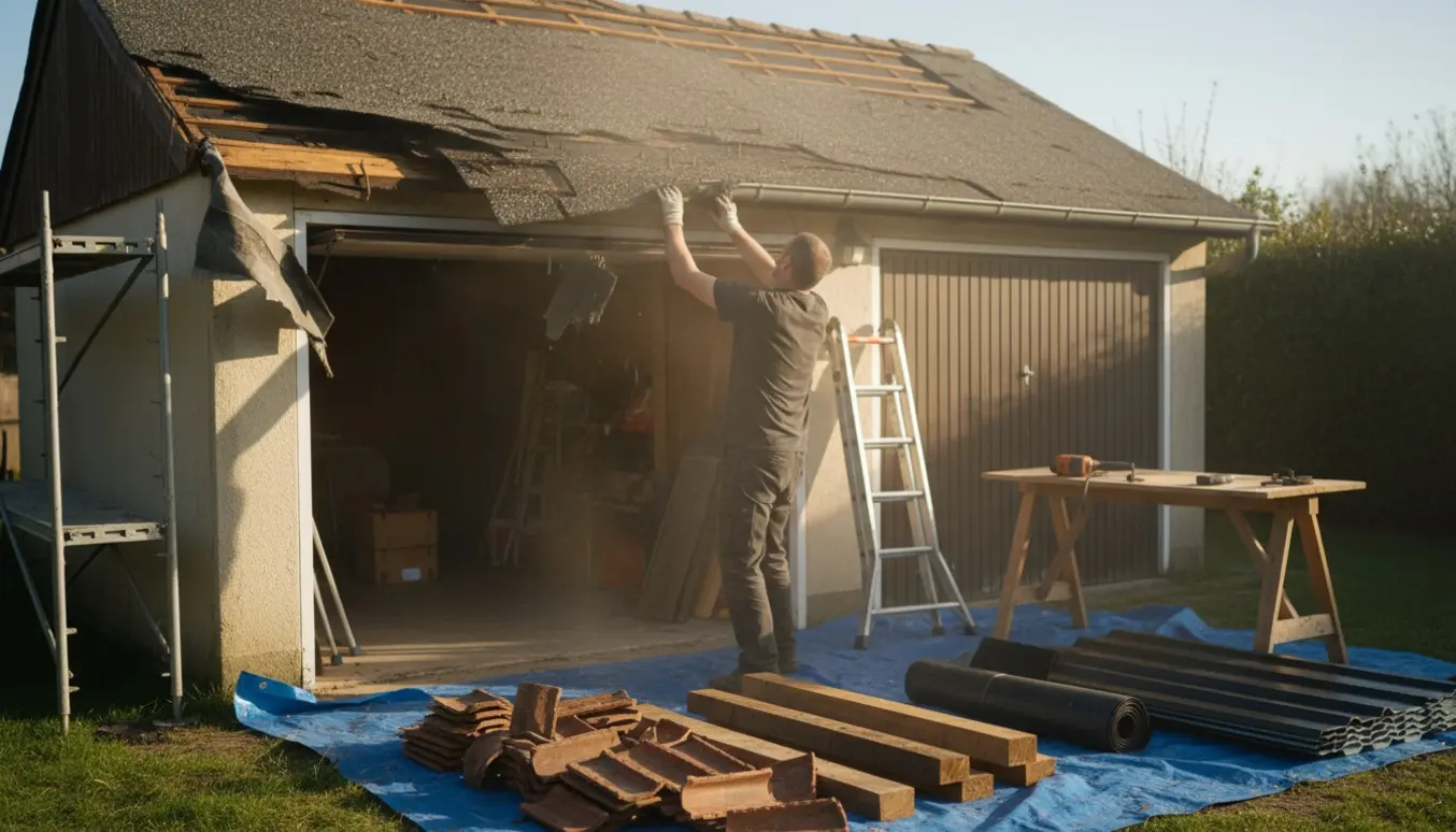 Et lille garage-tag er delvist fjernet med arbejdshandsker, stige og byggematerialer klar til udskiftning.