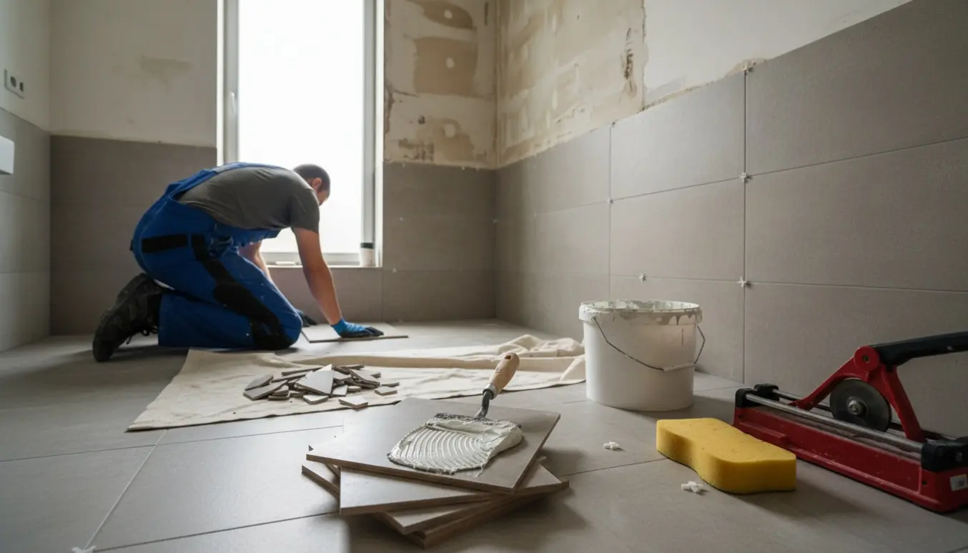 Badeværelse under renovering med nye fliser i brusekabine og på gulvet, håndværker med ryggen til.