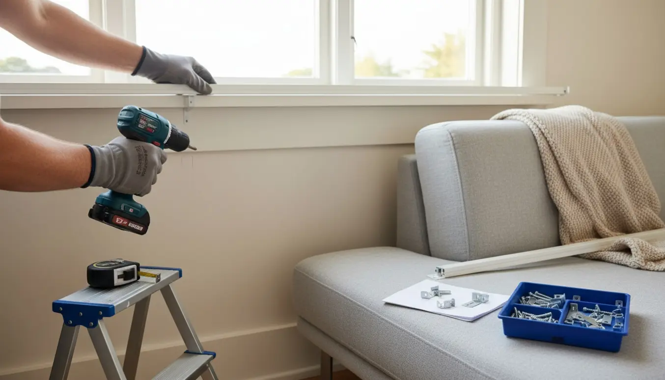 Hænder monterer en hvid gardinskinne over et vindue i en stue med en Kanarp-sofa.