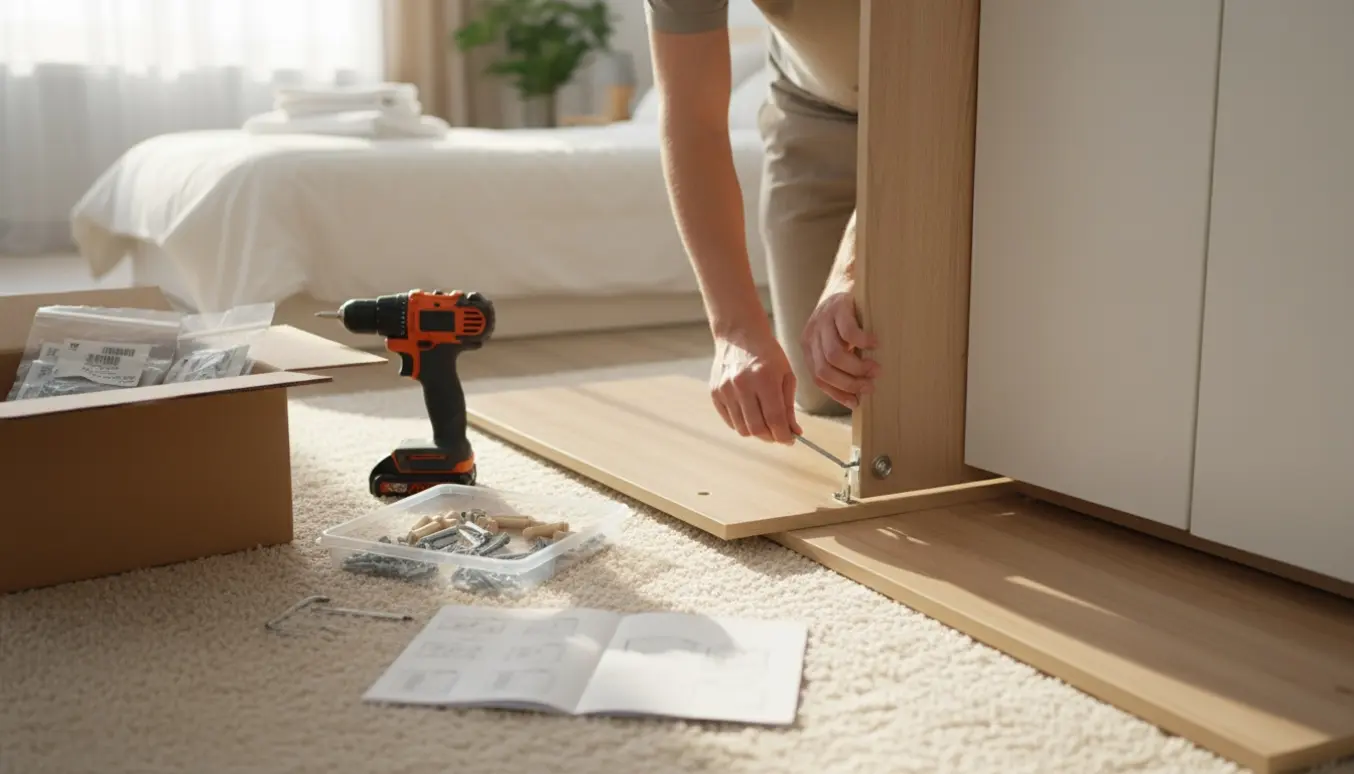 Næsten samlet garderobeskab med skruer, hængsler og hænder, der monterer en dør i et lyst soveværelse.