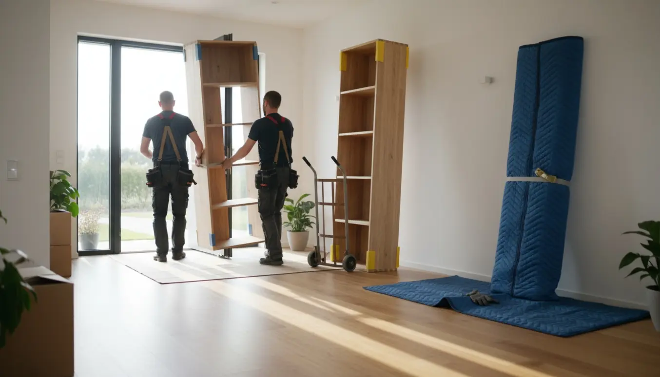 To flyttemænd bærer en reol ind i et lyst dansk hjem, mens to andre reoler er beskyttet ved siden af.