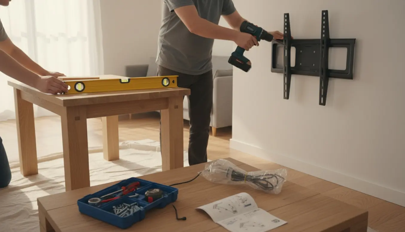 Hænder monterer et TV-ophæng og samler et spisebord i en lys stue med værktøj spredt på gulvet.