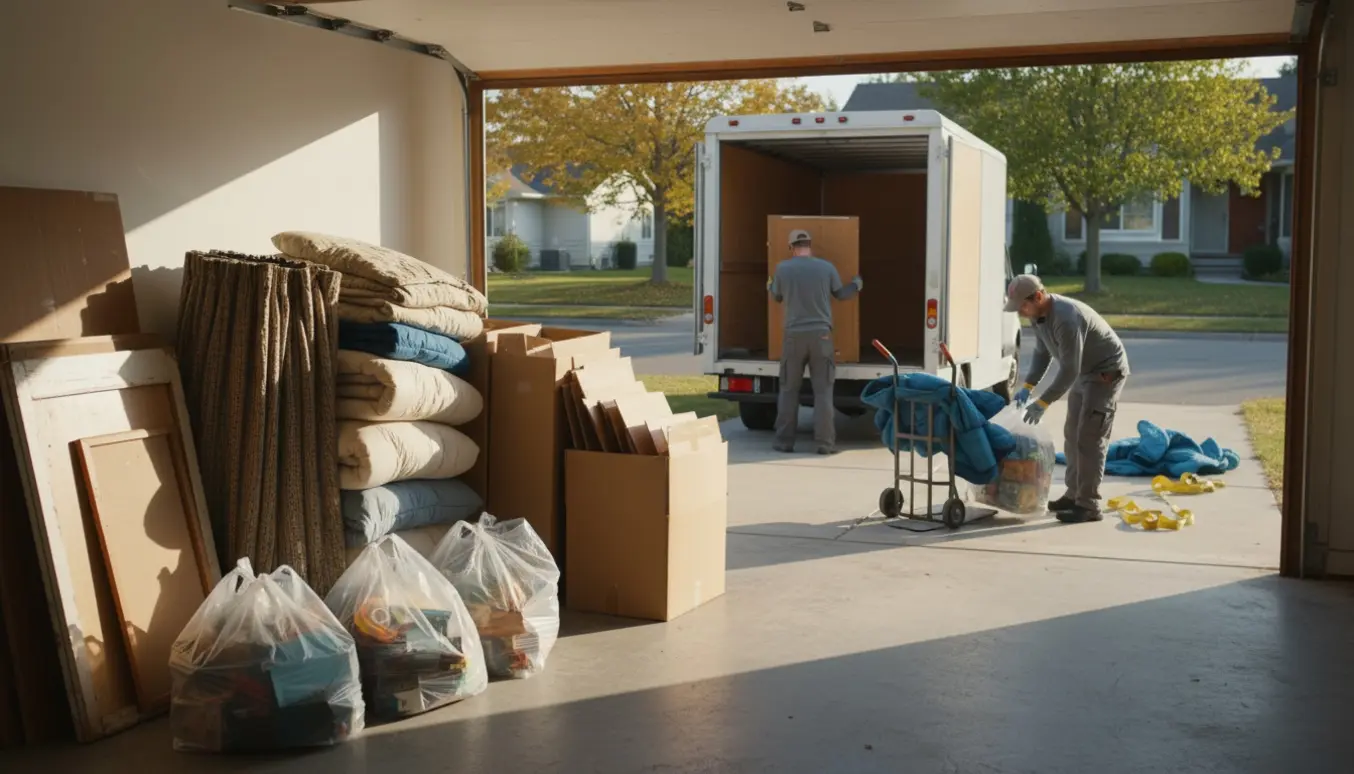 Sorterede storskraldsposer, sammenlagte skabe og tekstiler i en garage klar til afhentning.