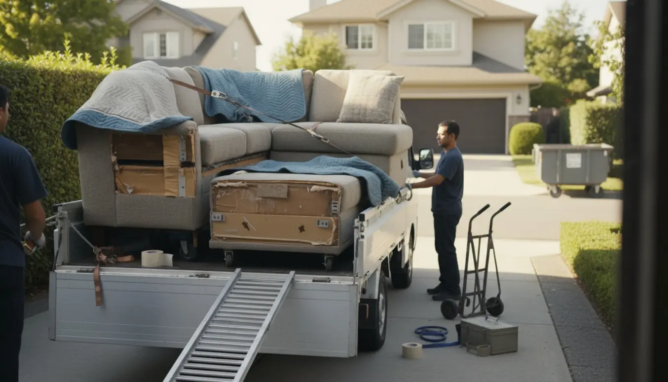 Adskilt hjørnesofa bliver læsset på en pickup i indkørslen klar til at blive kørt på lossepladsen.