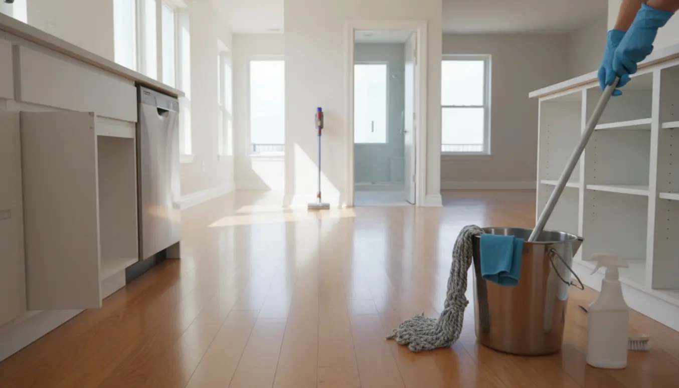 Gummihandskeklædte hænder vrider en moppe over en spand i et lyst, nyvasket rækkehus.