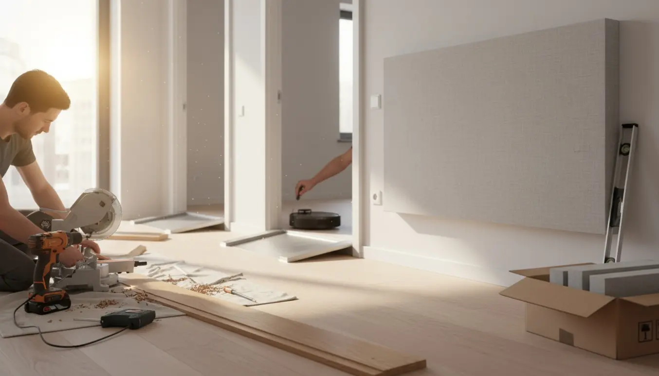 Håndværker monterer fodpaneler og et akustikpanel i en lys lejlighed med små ramper ved døråbninger.