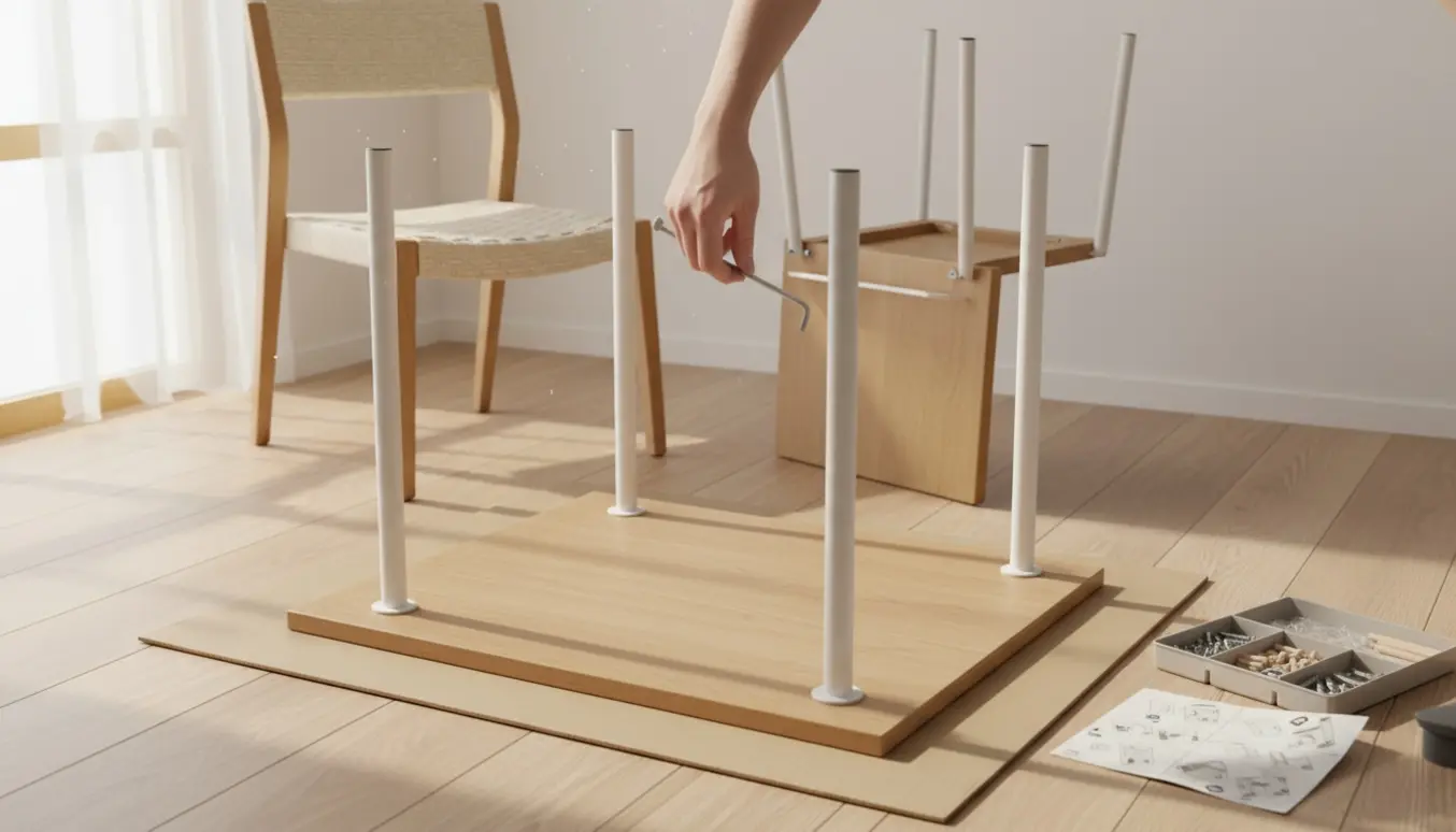 Delvist samlet lille spisebord og to spisestole med værktøj på stuegulvet.