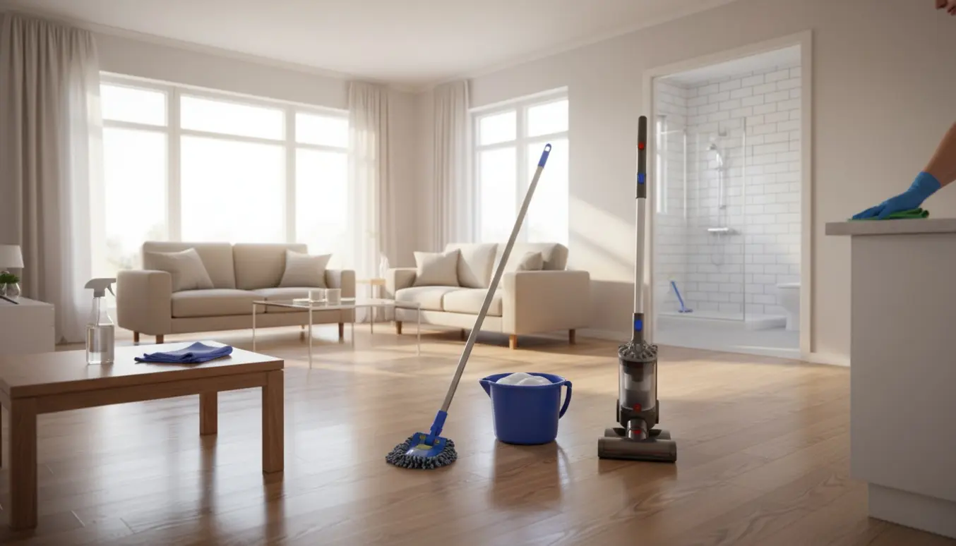 Lys og ryddelig stue i et etplanshus med rengøringsudstyr og et skinnende badeværelse i baggrunden.