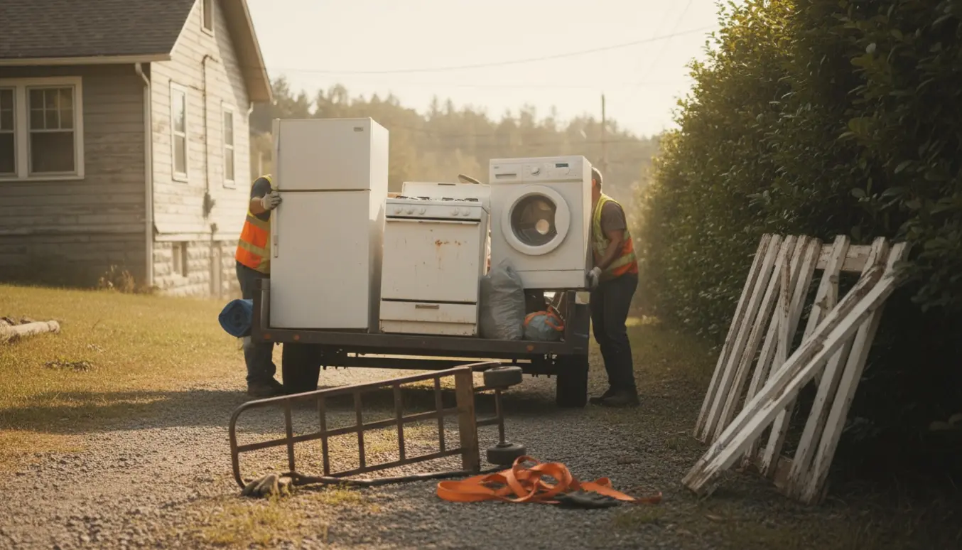 Trailer ved et hus på skråning, hvor køleskab, vaskemaskine og væltet stakit lastes som affald.