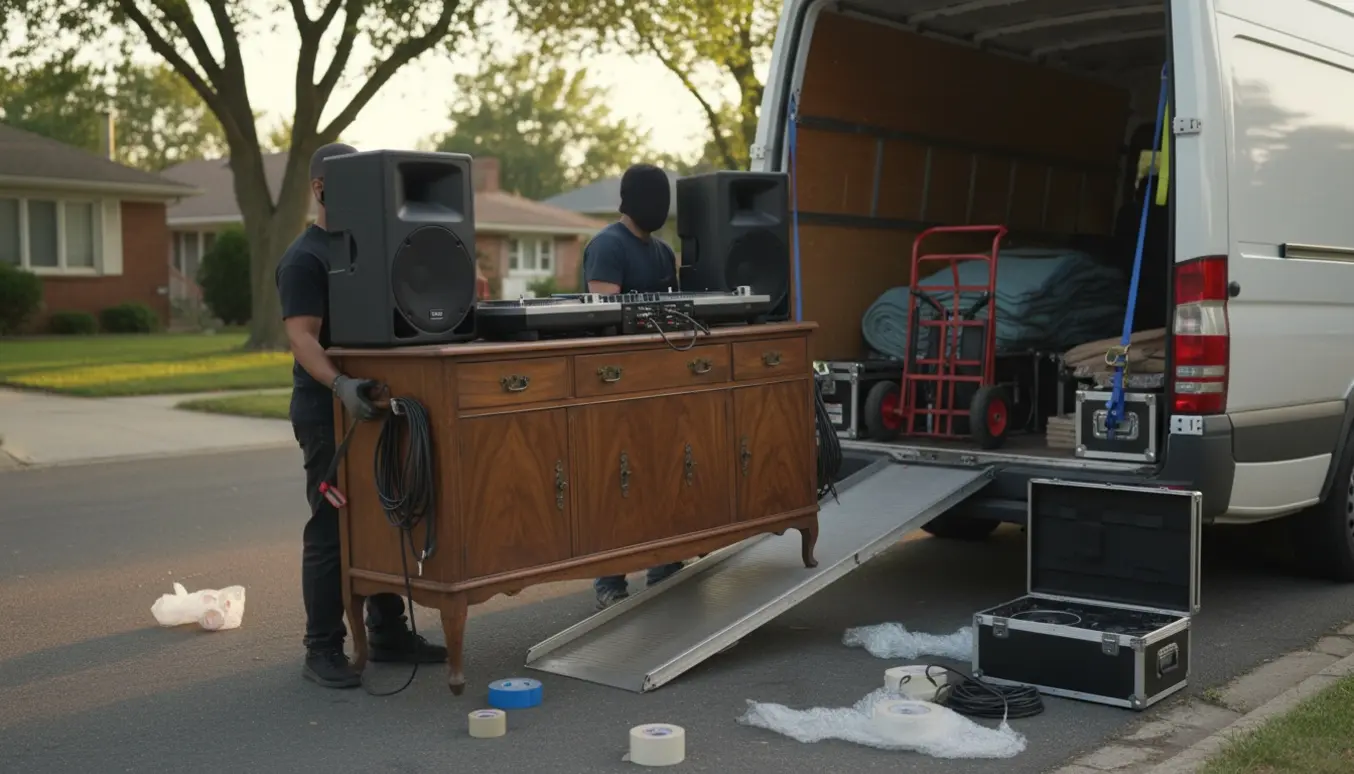To personer læsser en træskænk med DJ-udstyr ind i en flyttebil, ansigter ikke synlige.