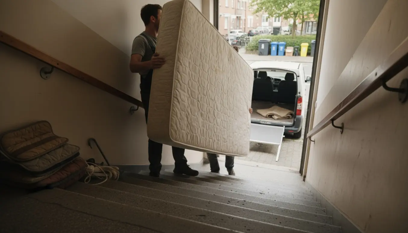 To personer bærer en madras ned ad opgangen mod en åben kassevogn på gaden.