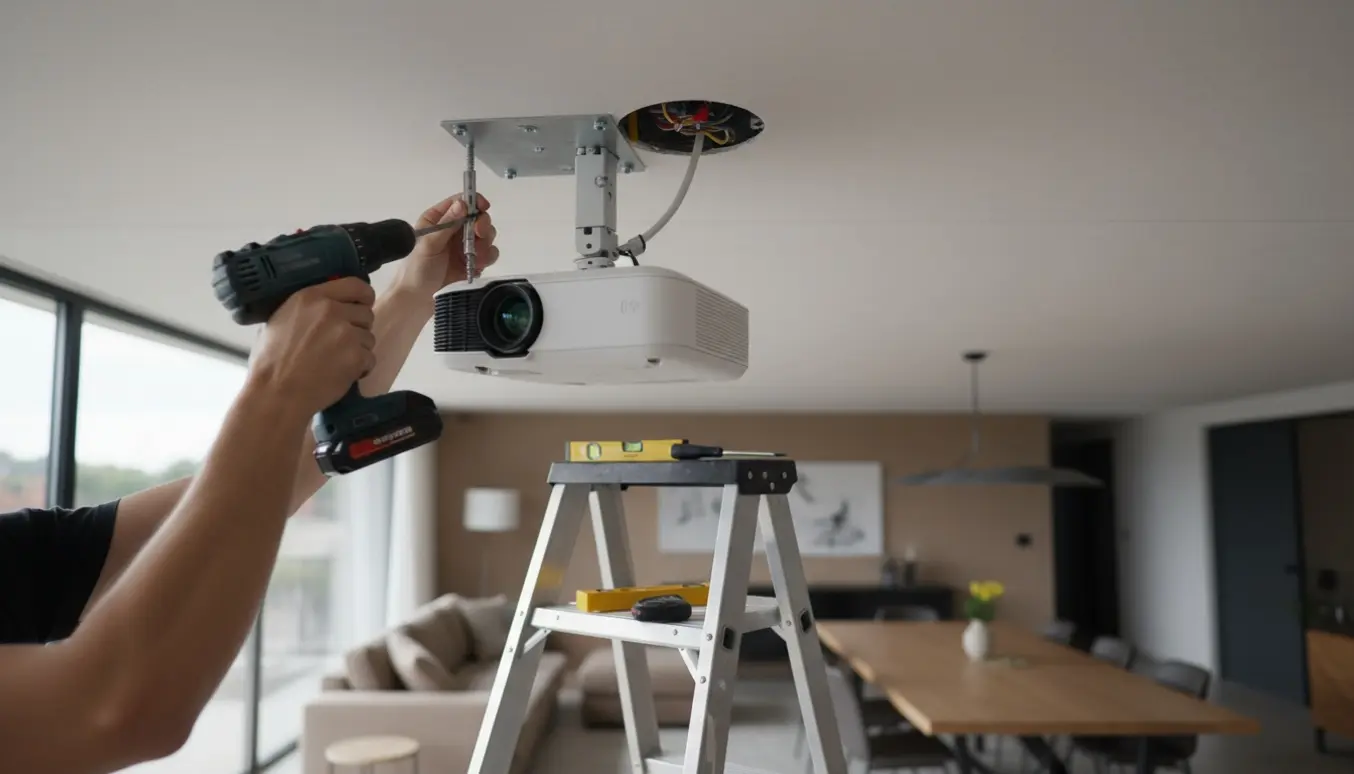 Tekniker monterer en loftprojektor, hænder fører strømkablet gennem et lille hul uden kabelkanal.