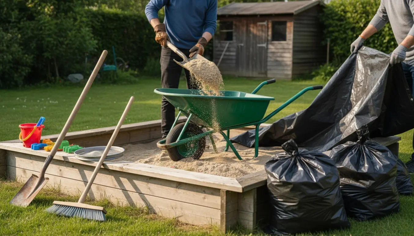 Stor sandkasse i haven ryddes med skovl og trillebør.