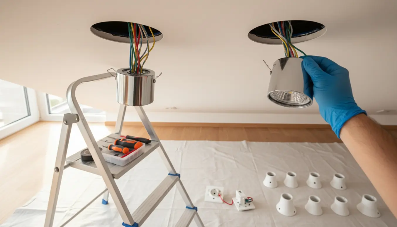 Hænder monterer spots i loftet og udskifter en vægstik med værktøj, kabler og fem lampeudtag samlet klar.