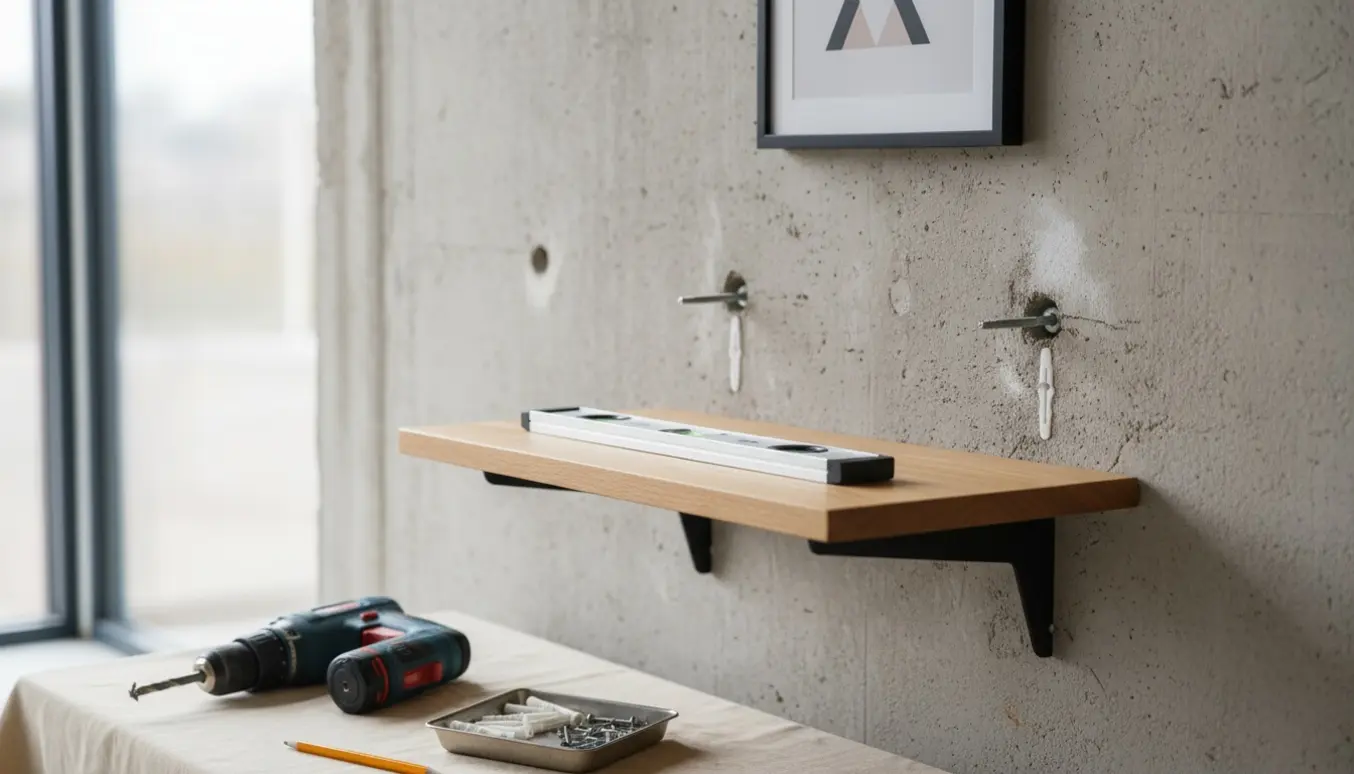 Vægmonteret træbord fastgjort i beton med borehuller, skruer og et billede hængende over det.