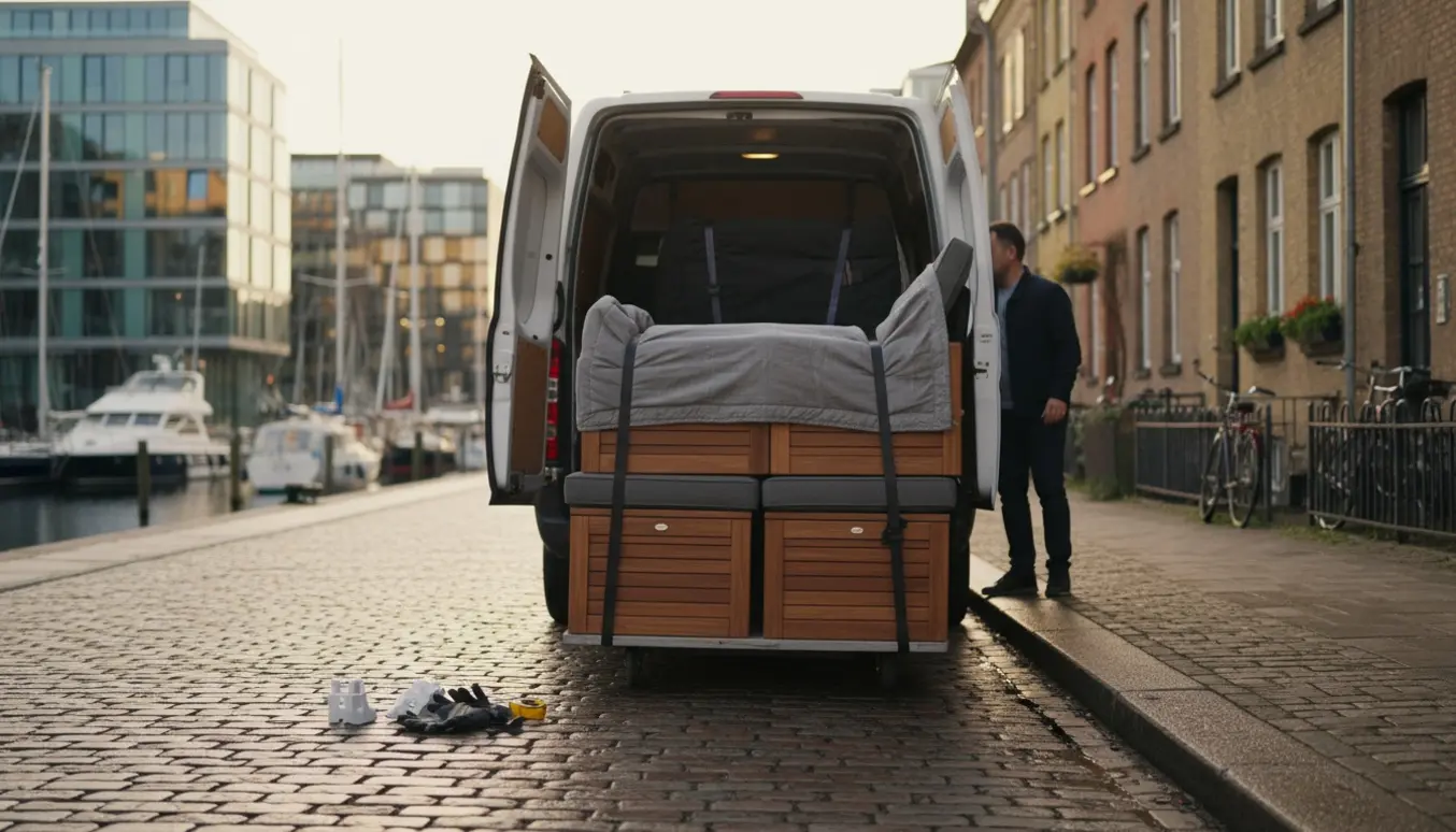 Modul-altanmøbler bliver læsset i en varevogn ved havnen i København, en flytter ses bagfra.