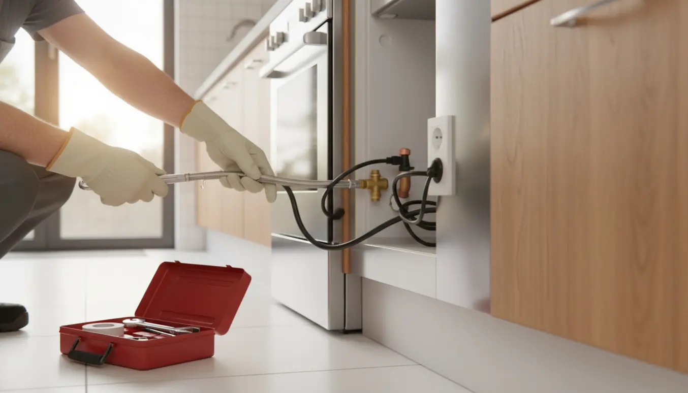 Hænder tilslutter vandslange til opvaskemaskine og stikkontakt til komfur i et køkken.