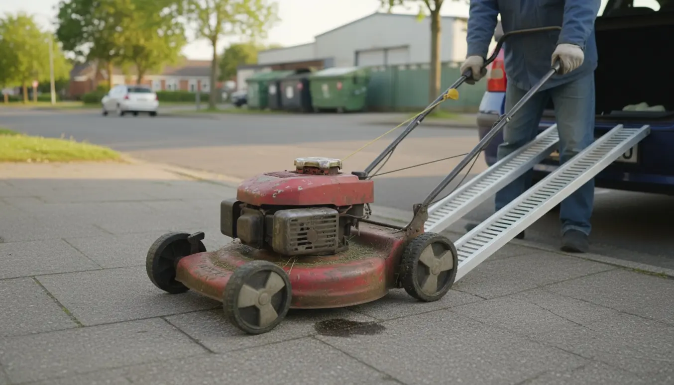 En gammel benzinplæneklipper på fortovet ved en åben bilbagklap, klar til at blive kørt til genbrugspladsen.