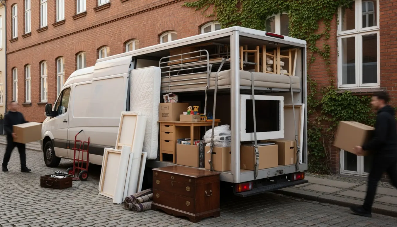 Åben flyttebil pakket med møbler og kasser foran en københavnsk opgang på en solrig morgen.