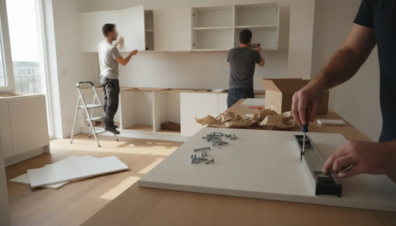 Installatører monterer et fladpakket køkken med hvide skabe, værktøj og åbent bordplade, ansigter slørede.