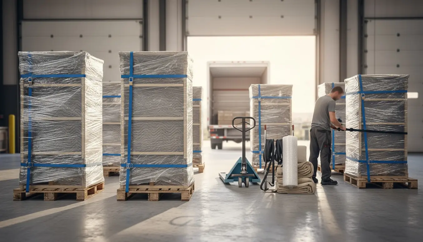 Syv modulreoler, nogle halvhøje, indpakket og stablet i et lyst lagerlokale klar til opbevaring.