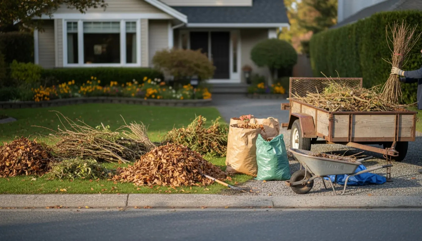 Haveaffald i bunker og sække i forhaven ved en trailer parkeret i indkørsel, klar til afhentning.