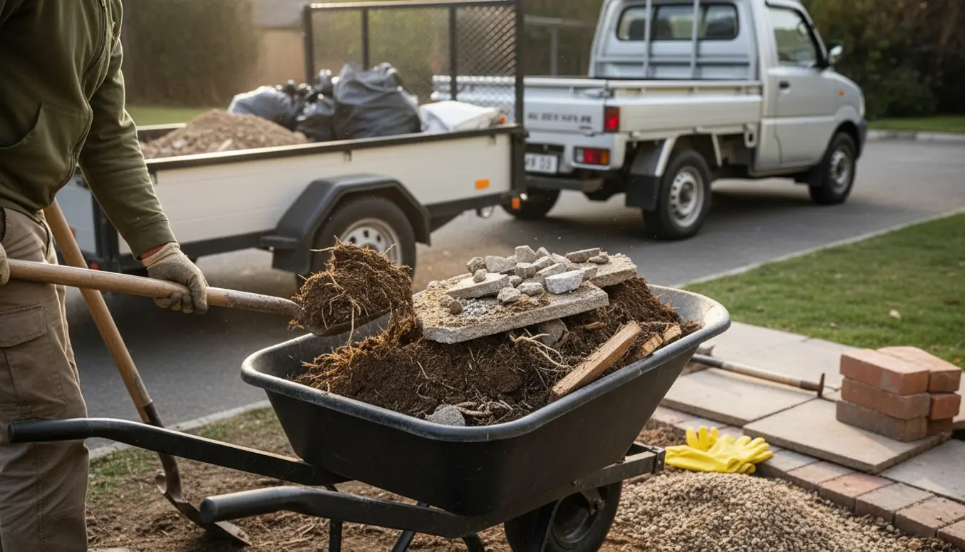 Trillebør fyldt med beton, sten, jord og rødder ved oprydning efter fjernet terrasse og bed.