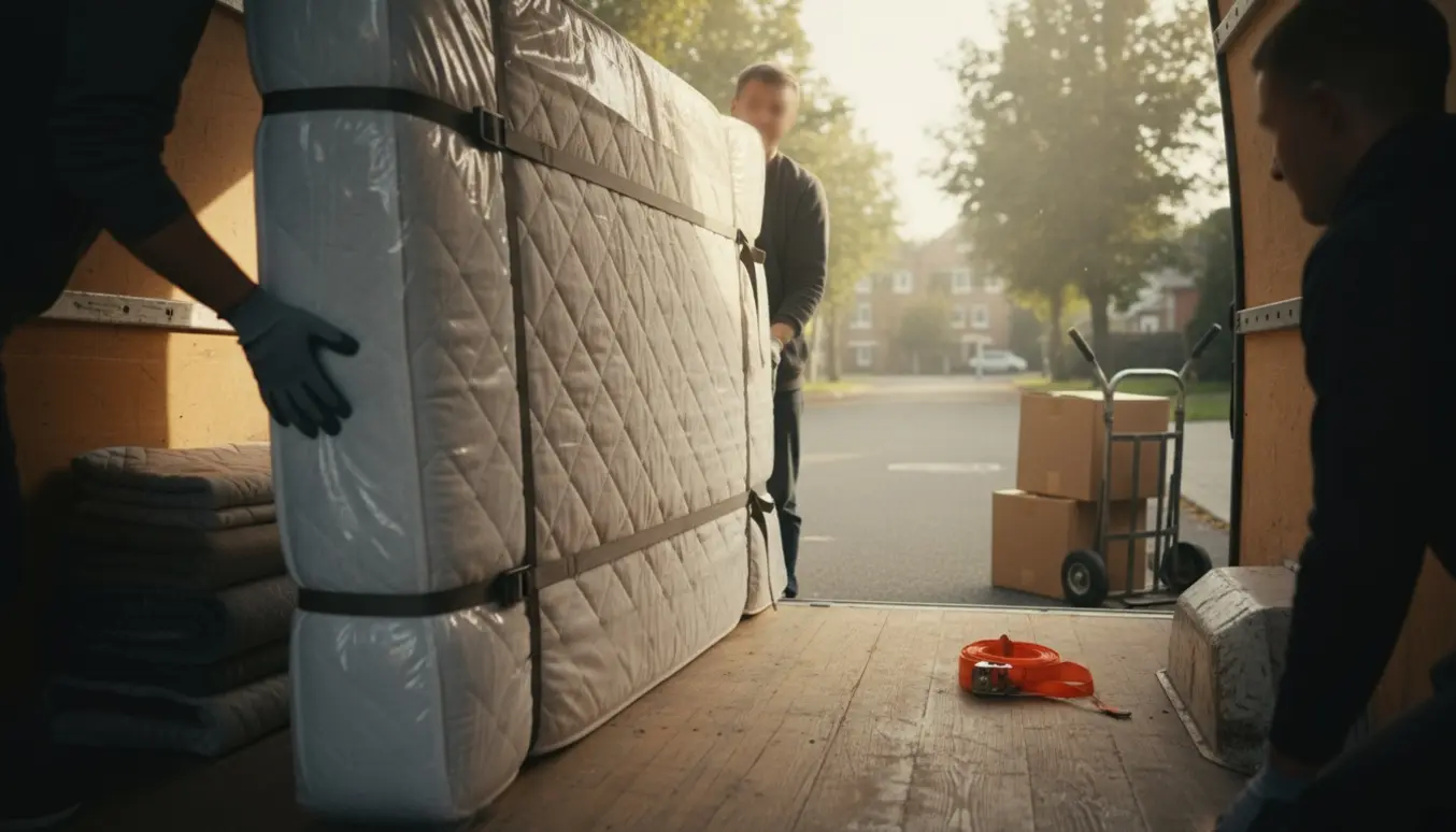 To personer bærer en madras i en beskyttelsespose ind i en åben flyttevogn på en lys villavej.