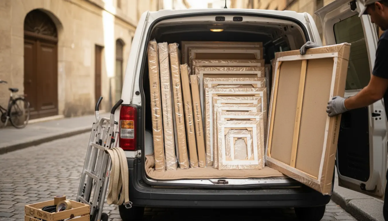Mindre malerier pakket i beskyttelse og læsset i en varevogn klar til transport på en bygade.