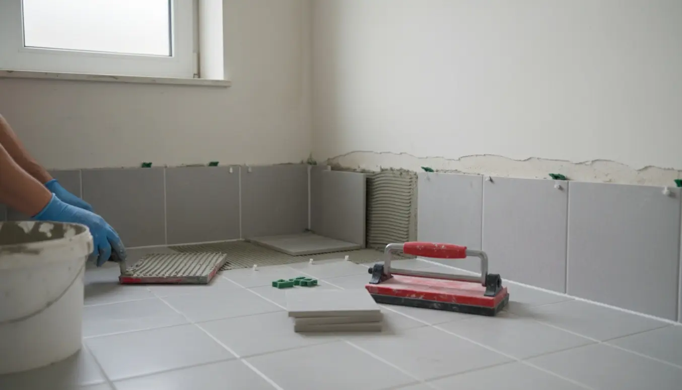 Hænder sætter 15x15 cm fliser i et lille badeværelse med flisekryds og fliseklæber.