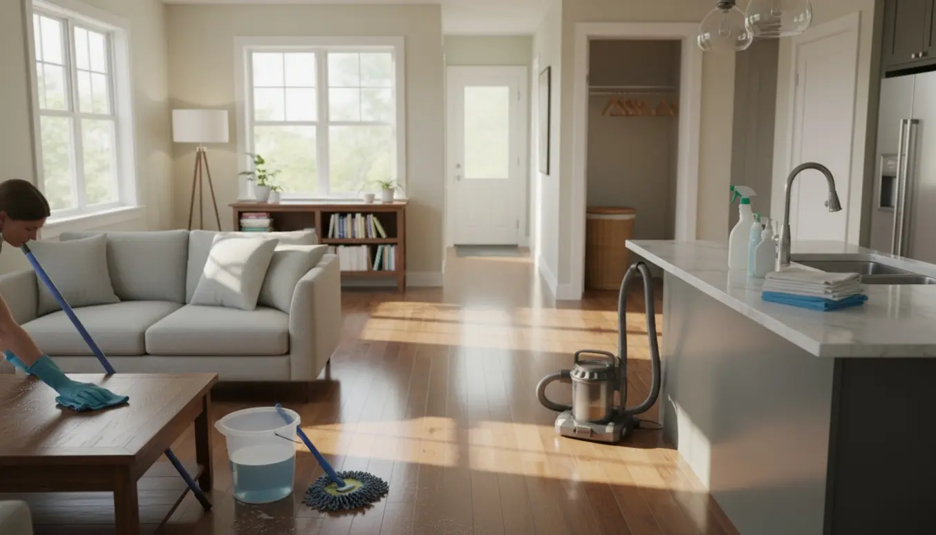 Lyse stuer og køkken under rengøring med støvsuger, moppe og rengøringsudstyr.