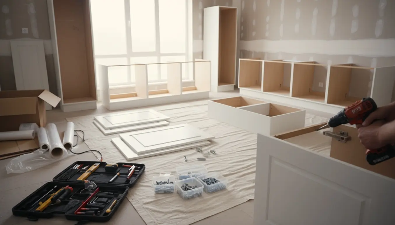 Hænder samler køkkenskabe i et lyst rum med udlagte skabskasser, skuffer og værktøj.