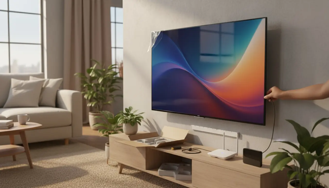 Hænder tilslutter HDMI-kabel til et nyt fladskærms-tv i en hyggelig stue med router og åben emballage ved siden af.