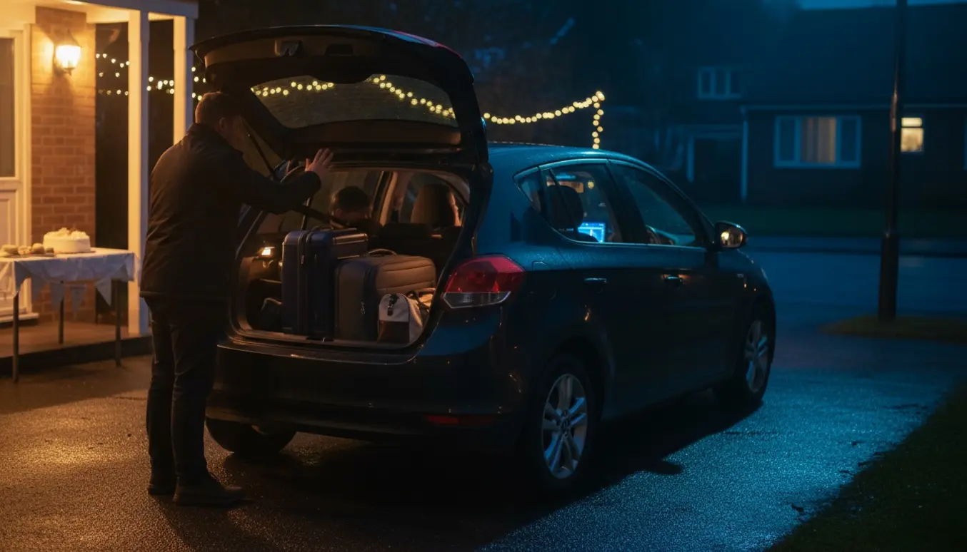 Familie ved deres bil om aftenen, klar til at køre hjem efter konfirmation.