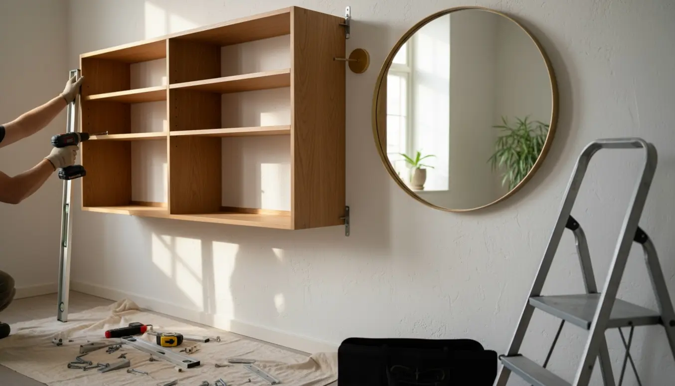 Hænder monterer en stor FDB-bogkasse og et vægspejl med boremaskine og vaterpas.