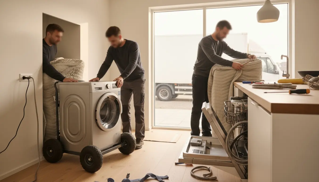 To flyttemænd og en elektriker tilslutter vaskemaskine, tørretumbler og opvaskemaskine i et lyst køkken.
