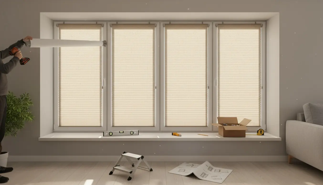 Hænder hænger og justerer plisségardiner og rullegardiner ved en lys vindueskarm i en ny lejlighed.