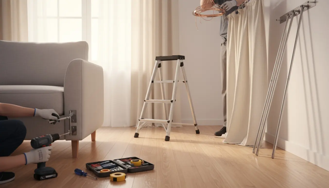 Lille stige og værktøj foran en stue, hvor to lange gardinstænger med tre vægbeslag hver og en loftlampe er ved at blive taget ned.