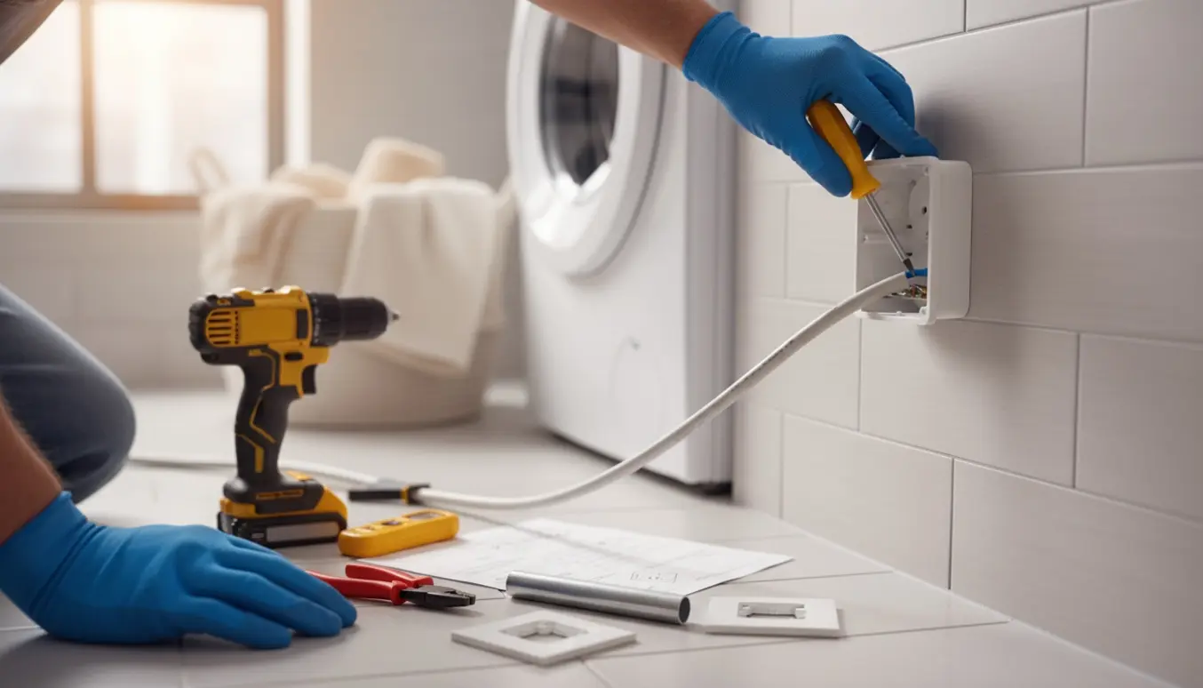 Hænder installerer et ekstra strømstik til tørretumbler ved siden af en vaskemaskine i et lyst vaskerum.