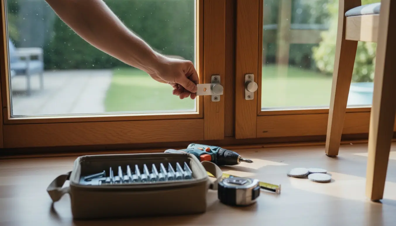Nærbillede af hænder, der monterer et tyverisikringsbeslag på en vinduesramme med værktøj, beslag og filtpotter til stole ved siden af.