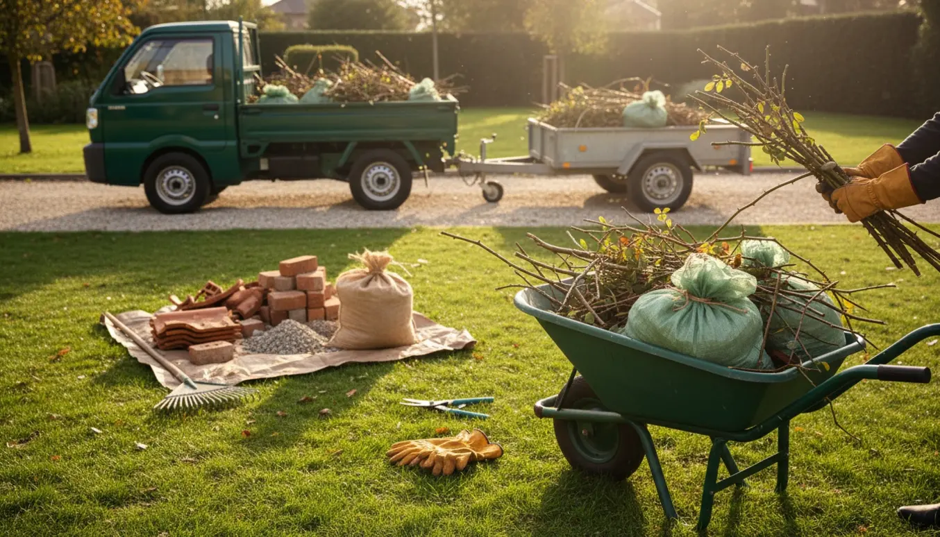 Haveaffald og lidt byggeaffald bliver læsset i en trailer i en solrig have, med handsker og rosenkvas i forgrunden.