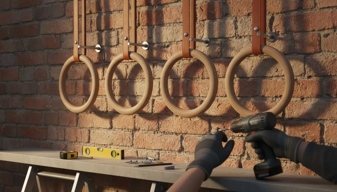 Fire træringe hænger i skruer på en murstensvæg med værktøj i baggrunden.