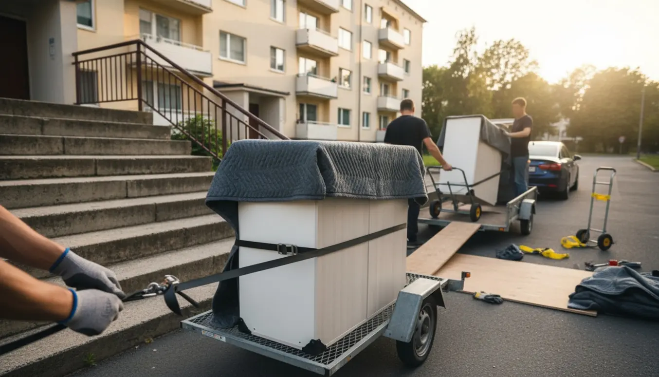 Tre skabsektioner bæres ned fra femte sal og læsses på en åben trailer på gaden.