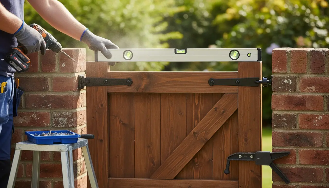 En håndværker monterer en træhavelåge mod en mur med boremaskine og vaterpas.