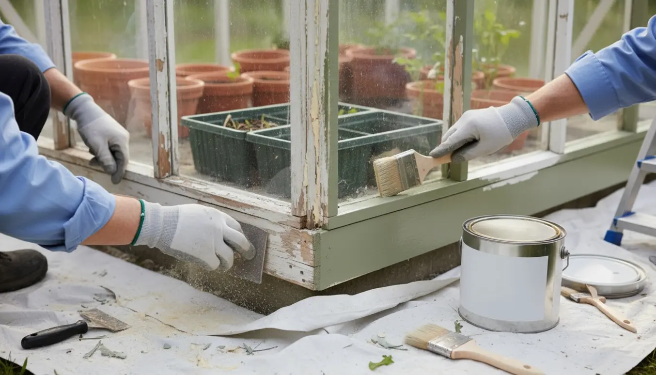 Nærbillede af hænder, der reparerer og maler et trædrivhus med pensel, sandpapir og værktøj i blødt dagslys.